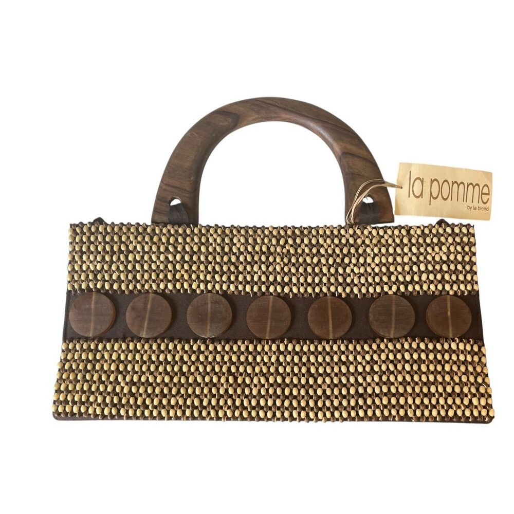 La Pomme LA Blend Wood Bead Handle Handbag Handmade 12 x 5-1/2 x 2-1/2"